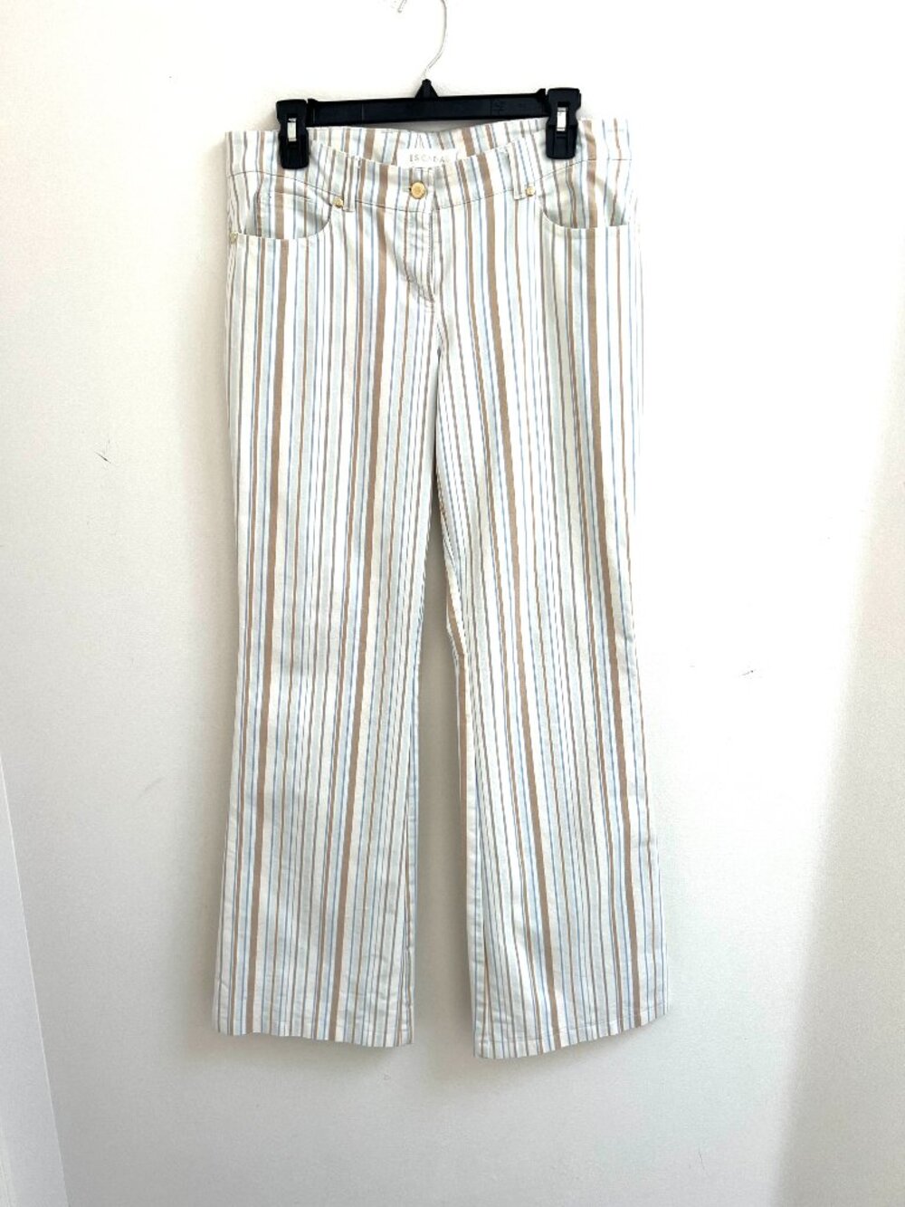 Escada Vintage Multi Stripe Gold Logo Hardware Tailored Straight Leg Pants